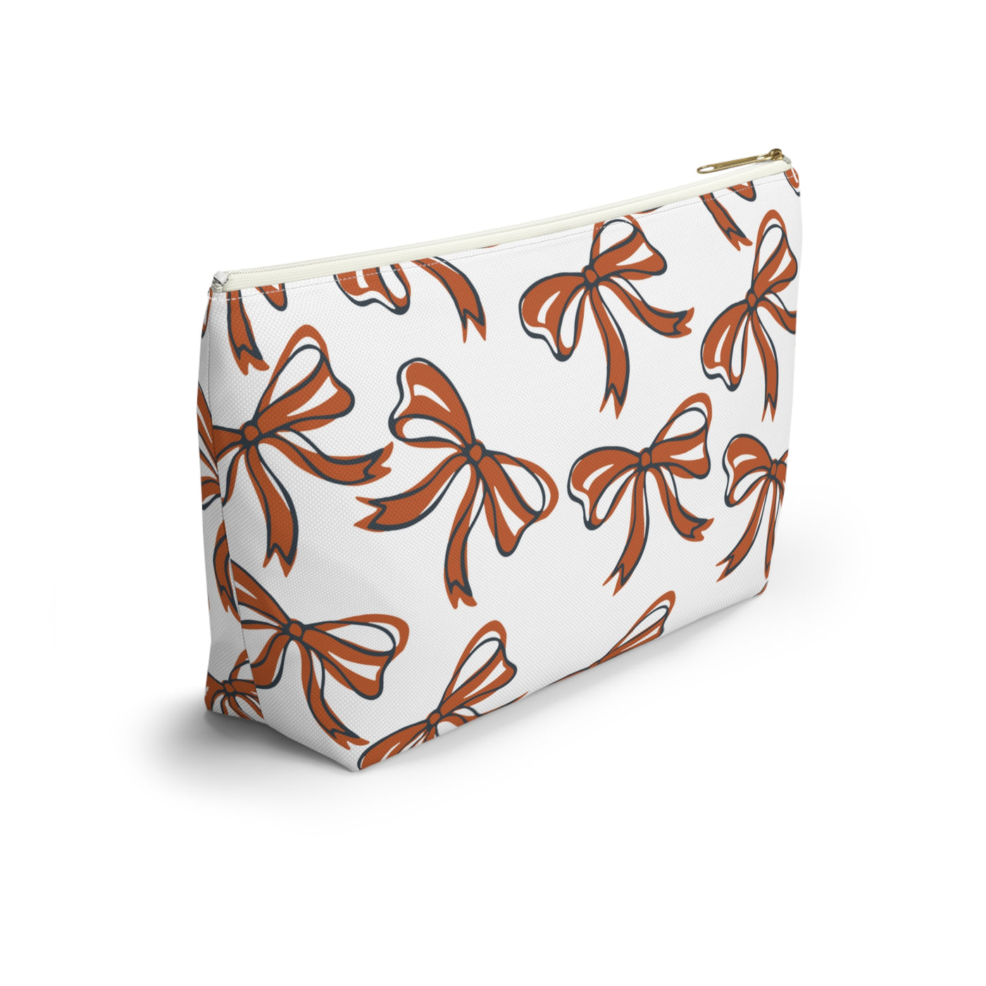Trendy Bow Makeup Bag - Graduation Gift, Bed Party Gift, Acceptance Gift, College Gift, Texas, Burnt Orange and White