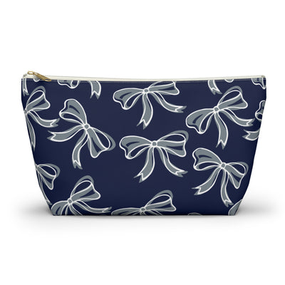Trendy Bow Makeup Bag - Graduation Gift, Bed Party Gift, Acceptance Gift, College Gift, Monmouth, UConn, Huskies, navy & white,navy and grey