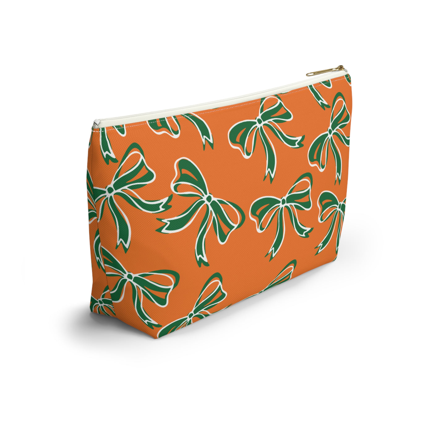 Trendy Bow Makeup Bag - Graduation Gift, Bed Party Gift, Acceptance Gift, College Gift, Miami Hurricanes, 305, orange and green