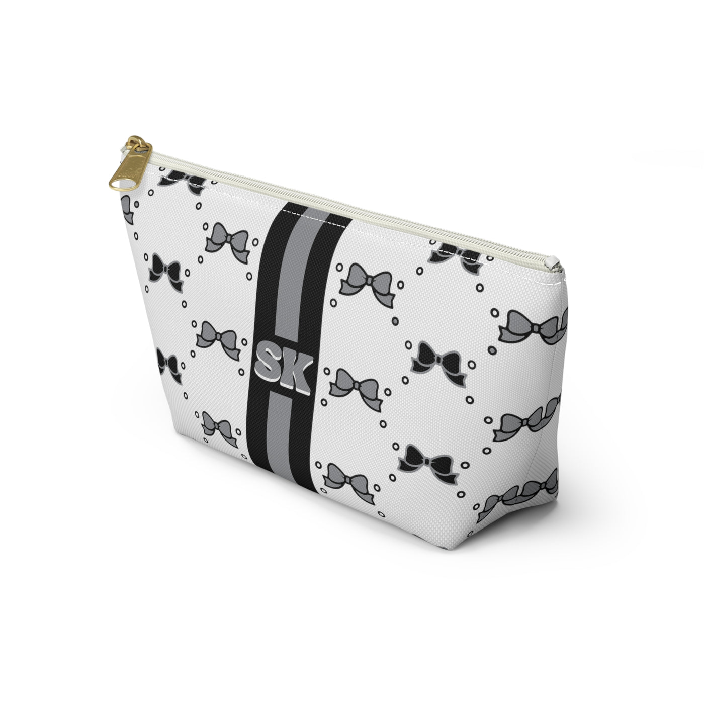 Custom Initial Personalized Bow Makeup Bag - Custom Initial, Makeup Bag, Black and White, Black and Grey, Personalized, Bow Aesthetic