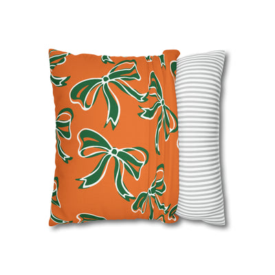 Trendy Bow College Pillow Cover - Dorm Pillow, Graduation Gift,Bed Party Gift,Acceptance Gift,College Gift, Miami Hurricanes, orange & green