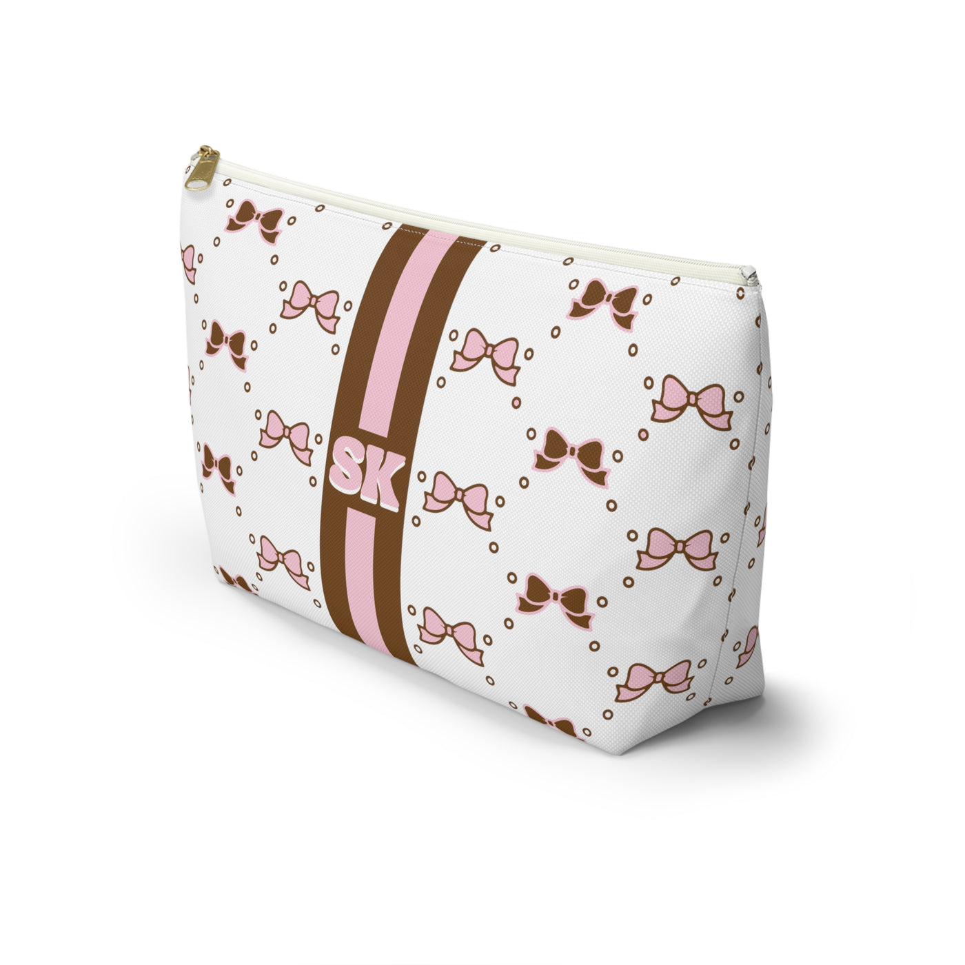 Custom Initial Personalized Bow Makeup Bag - Custom Initial, Makeup Bag, Brown and Pink, Personalized, Bow Aesthetic