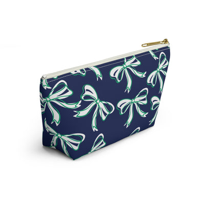 Trendy Bow Makeup Bag - Graduation Gift, Bed Party Gift, Acceptance Gift, College Gift, Notre Dame, green and blue