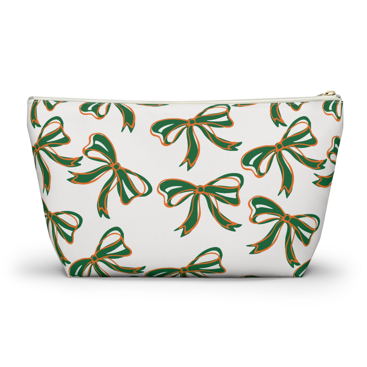 Trendy Bow Makeup Bag - Graduation Gift, Bed Party Gift, Acceptance Gift, College Gift, Miami Hurricanes, 305, orange and green