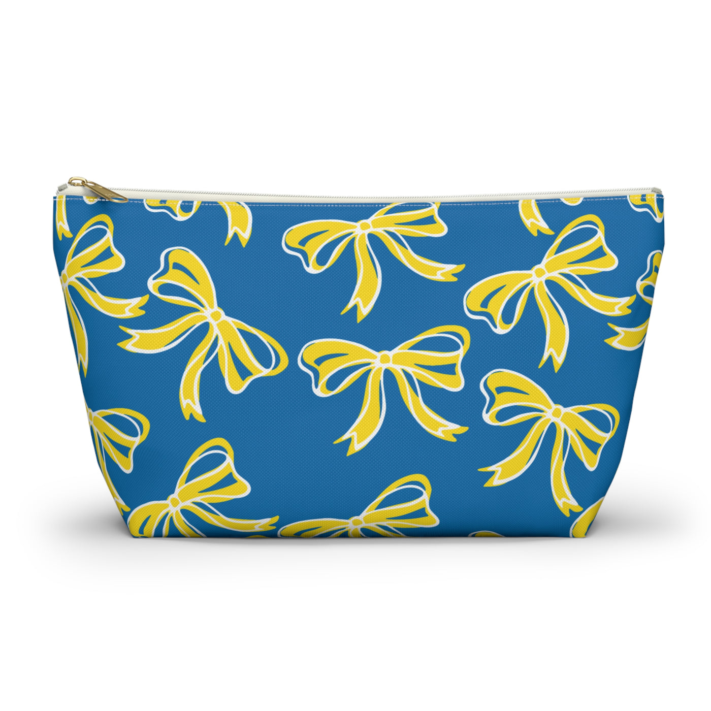 Trendy Bow Makeup Bag - Graduation Gift, Bed Party Gift, Acceptance Gift, College Gift, Delaware, Blue and Yellow, Blue Hens