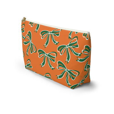Trendy Bow Makeup Bag - Graduation Gift, Bed Party Gift, Acceptance Gift, College Gift, Miami Hurricanes, 305, orange and green