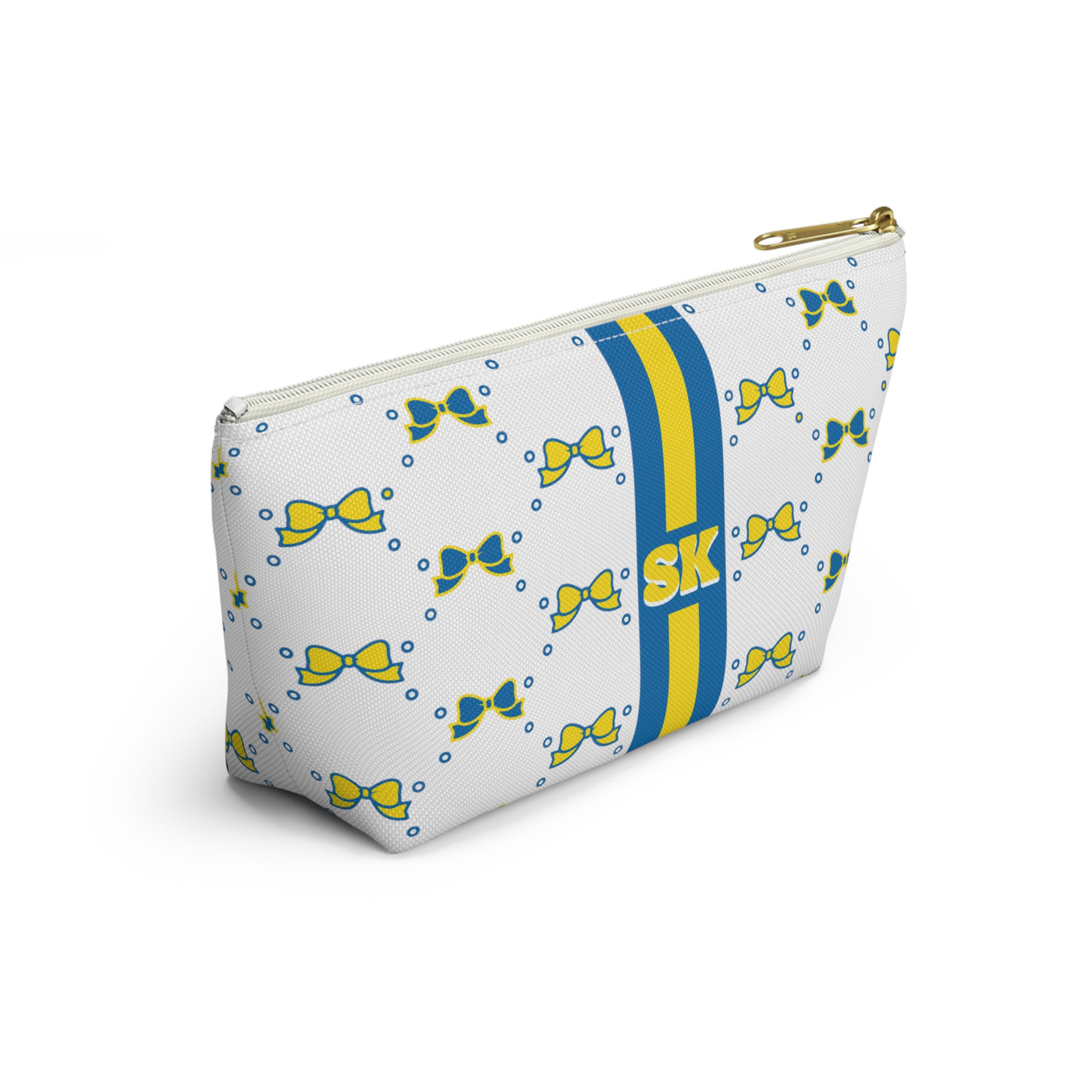 Custom Initial Personalized Bow Makeup Bag - Custom Initial, Makeup Bag, Delaware, Blue and Yellow, Blue Hens, Personalized, Bow Aesthetic