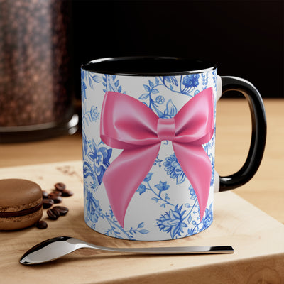 11oz Blue Toile and Pink Bow Coffee Mug