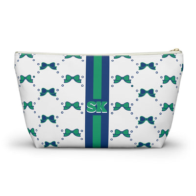 Custom Initial Personalized Bow Makeup Bag - Custom Initial, Makeup Bag, FGCU, Blue & Green, Florida Gulf Coast, Personalized,Bow Aesthetic