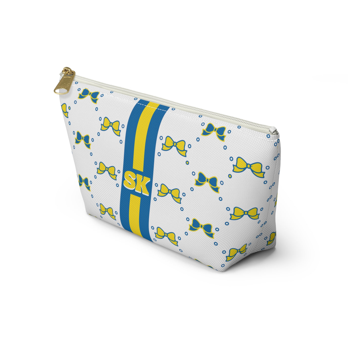 Custom Initial Personalized Bow Makeup Bag - Custom Initial, Makeup Bag, Delaware, Blue and Yellow, Blue Hens, Personalized, Bow Aesthetic