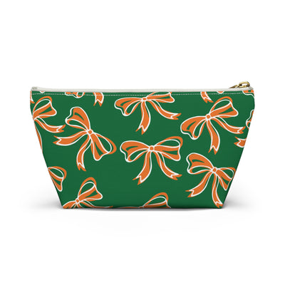 Trendy Bow Makeup Bag - Graduation Gift, Bed Party Gift, Acceptance Gift, College Gift, Miami Hurricanes, 305, orange and green