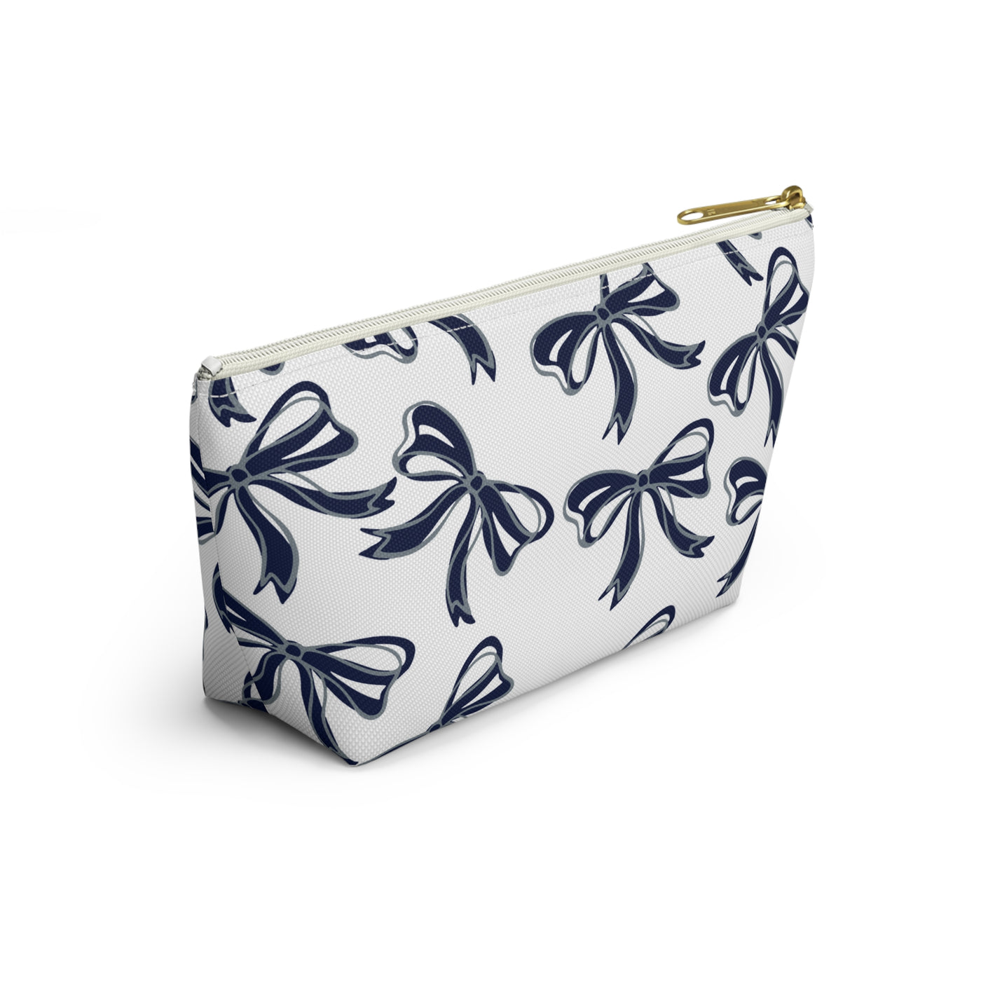 Trendy Bow Makeup Bag - Graduation Gift, Bed Party Gift, Acceptance Gift, College Gift, Monmouth, UConn, Huskies, navy & white,navy and grey