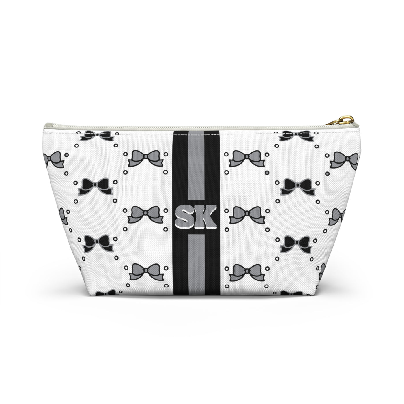 Custom Initial Personalized Bow Makeup Bag - Custom Initial, Makeup Bag, Black and White, Black and Grey, Personalized, Bow Aesthetic