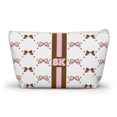 Custom Initial Personalized Bow Makeup Bag - Custom Initial, Makeup Bag, Brown and Pink, Personalized, Bow Aesthetic