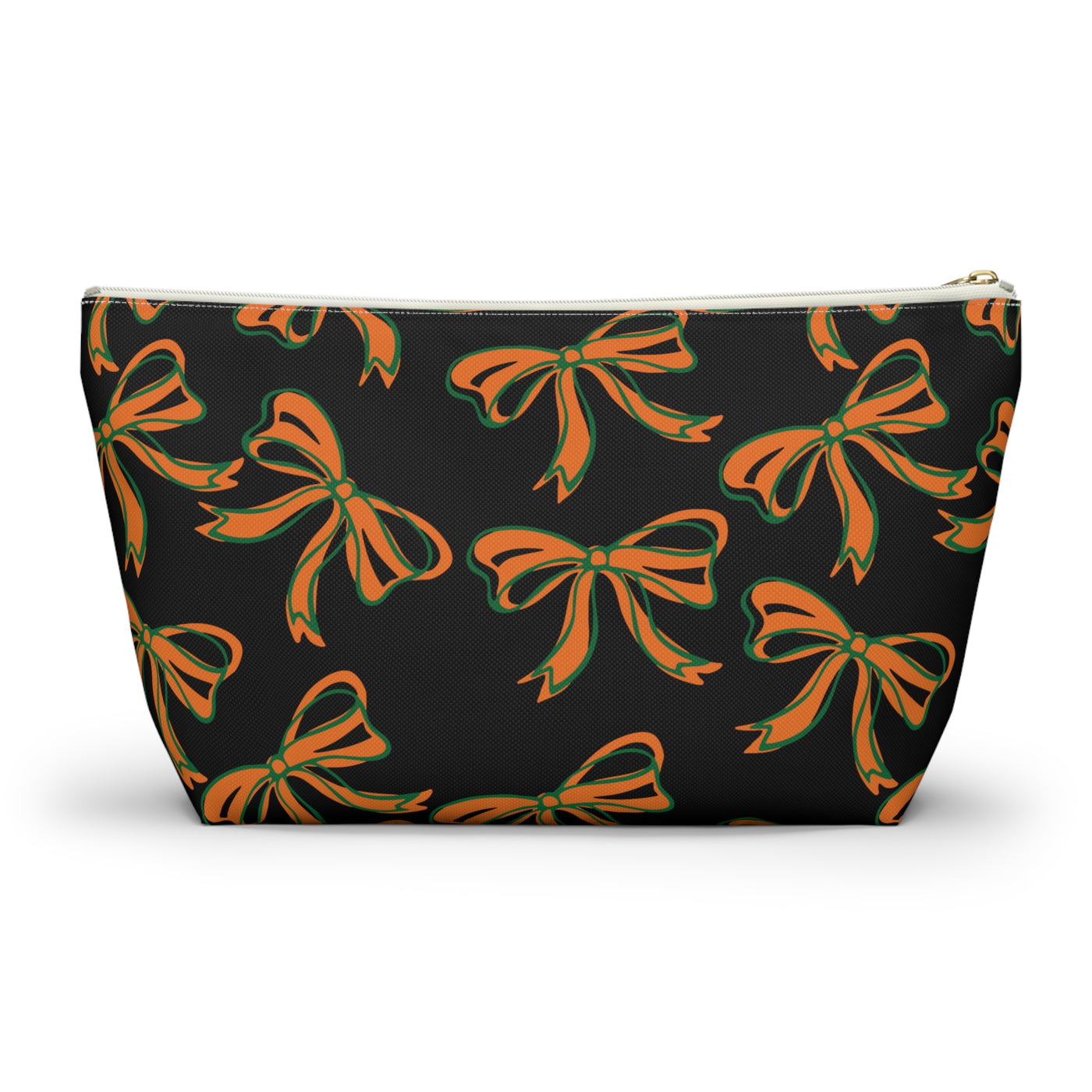 Trendy Bow Makeup Bag - Graduation Gift, Bed Party Gift, Acceptance Gift, College Gift, Miami Hurricanes, 305, orange and green