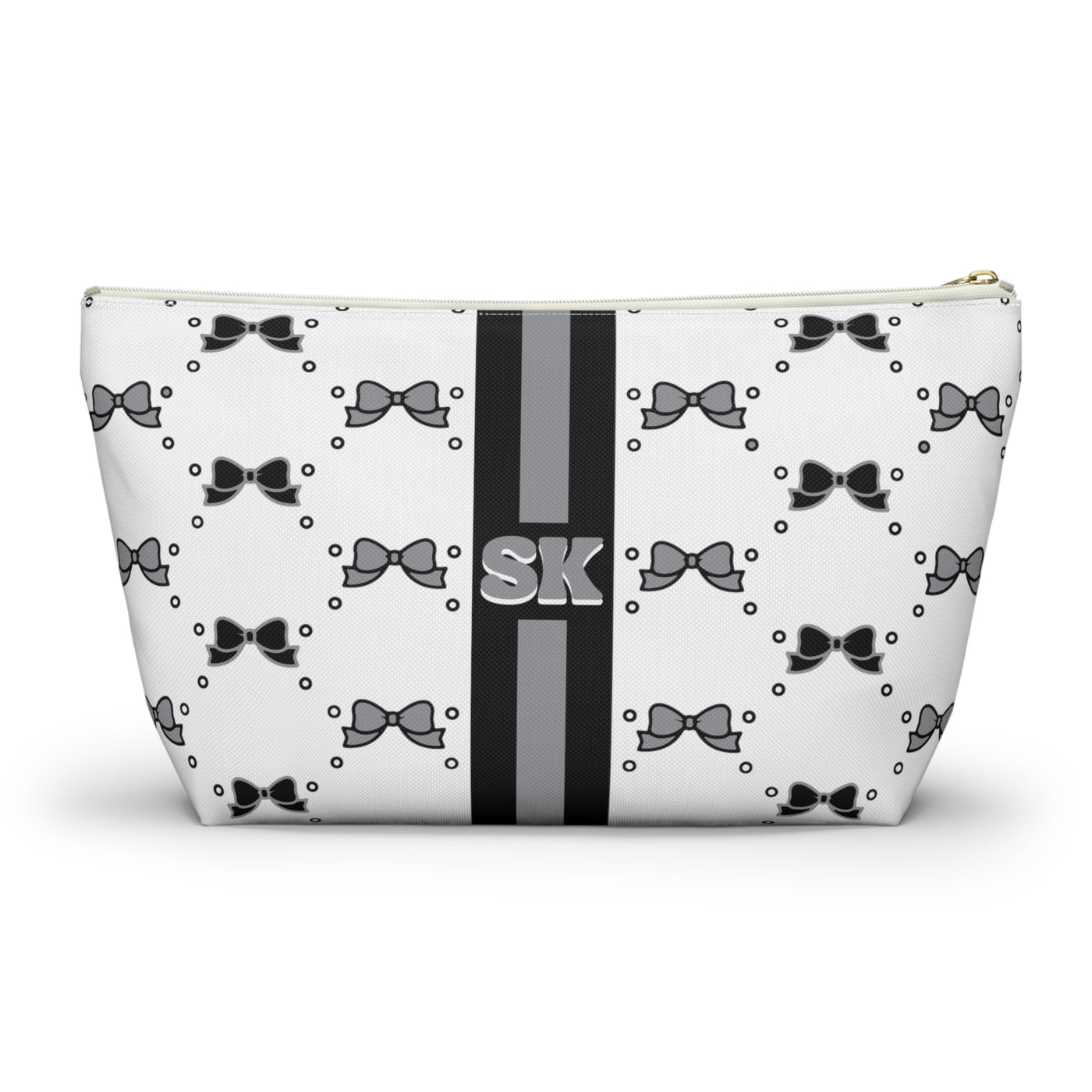 Custom Initial Personalized Bow Makeup Bag - Custom Initial, Makeup Bag, Black and White, Black and Grey, Personalized, Bow Aesthetic