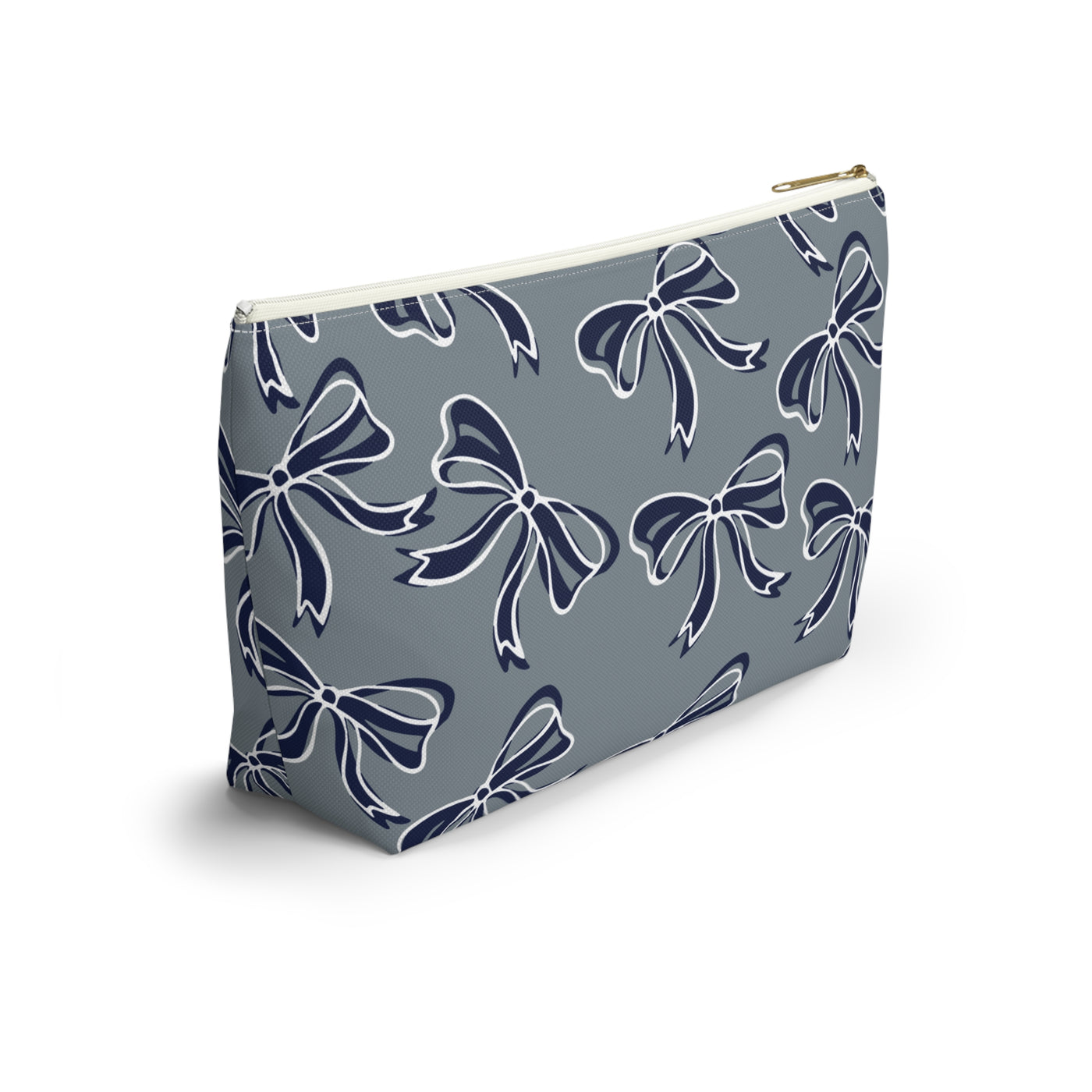 Trendy Bow Makeup Bag - Graduation Gift, Bed Party Gift, Acceptance Gift, College Gift, Monmouth, UConn, Huskies, navy & white,navy and grey