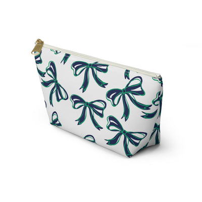 Trendy Bow Makeup Bag - Graduation Gift, Bed Party Gift, Acceptance Gift, College Gift, Notre Dame, green and blue