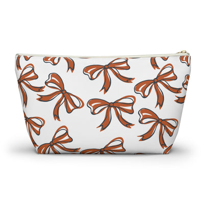 Trendy Bow Makeup Bag - Graduation Gift, Bed Party Gift, Acceptance Gift, College Gift, Texas, Burnt Orange and White