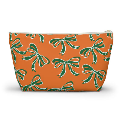 Trendy Bow Makeup Bag - Graduation Gift, Bed Party Gift, Acceptance Gift, College Gift, Miami Hurricanes, 305, orange and green