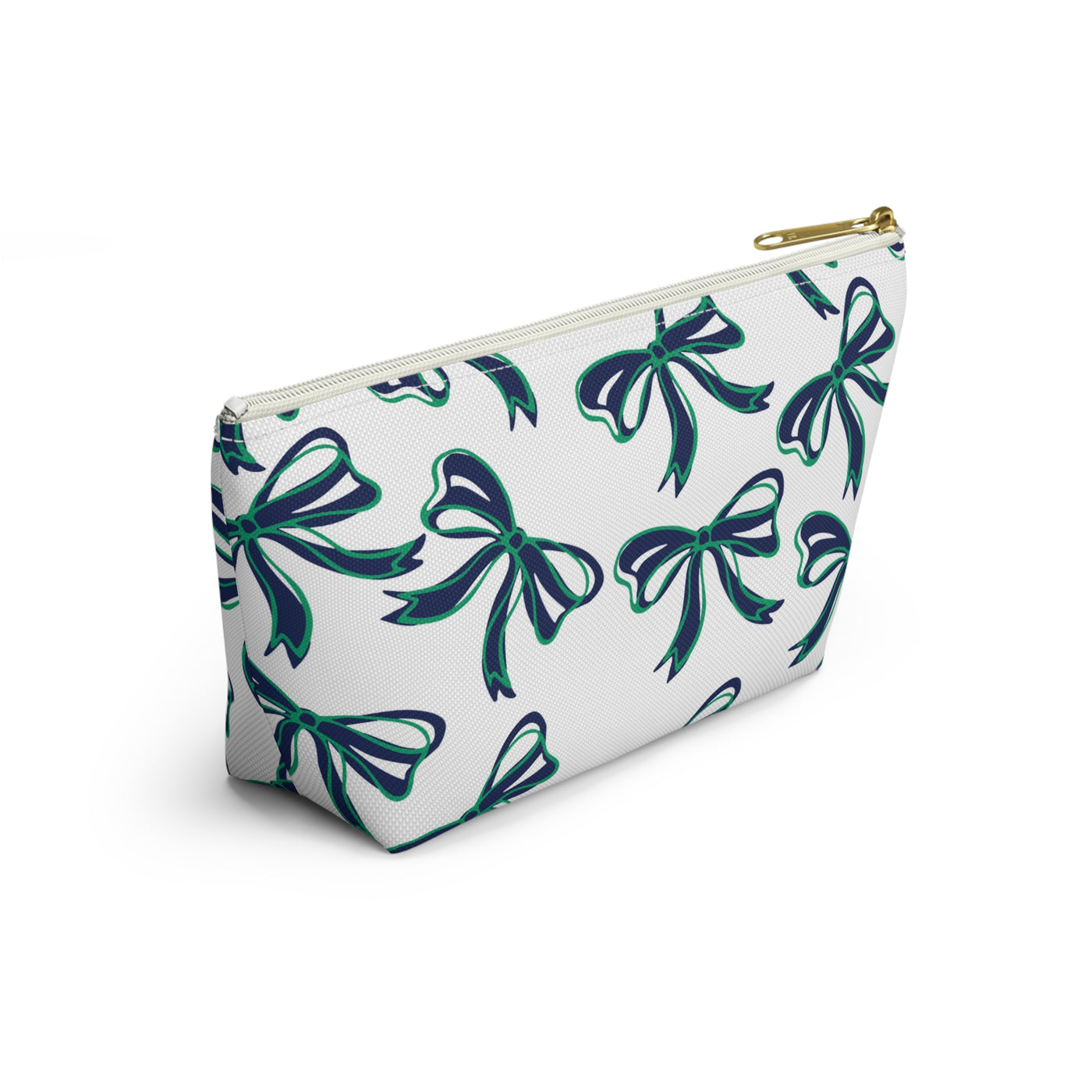 Trendy Bow Makeup Bag - Graduation Gift, Bed Party Gift, Acceptance Gift, College Gift, Notre Dame, green and blue