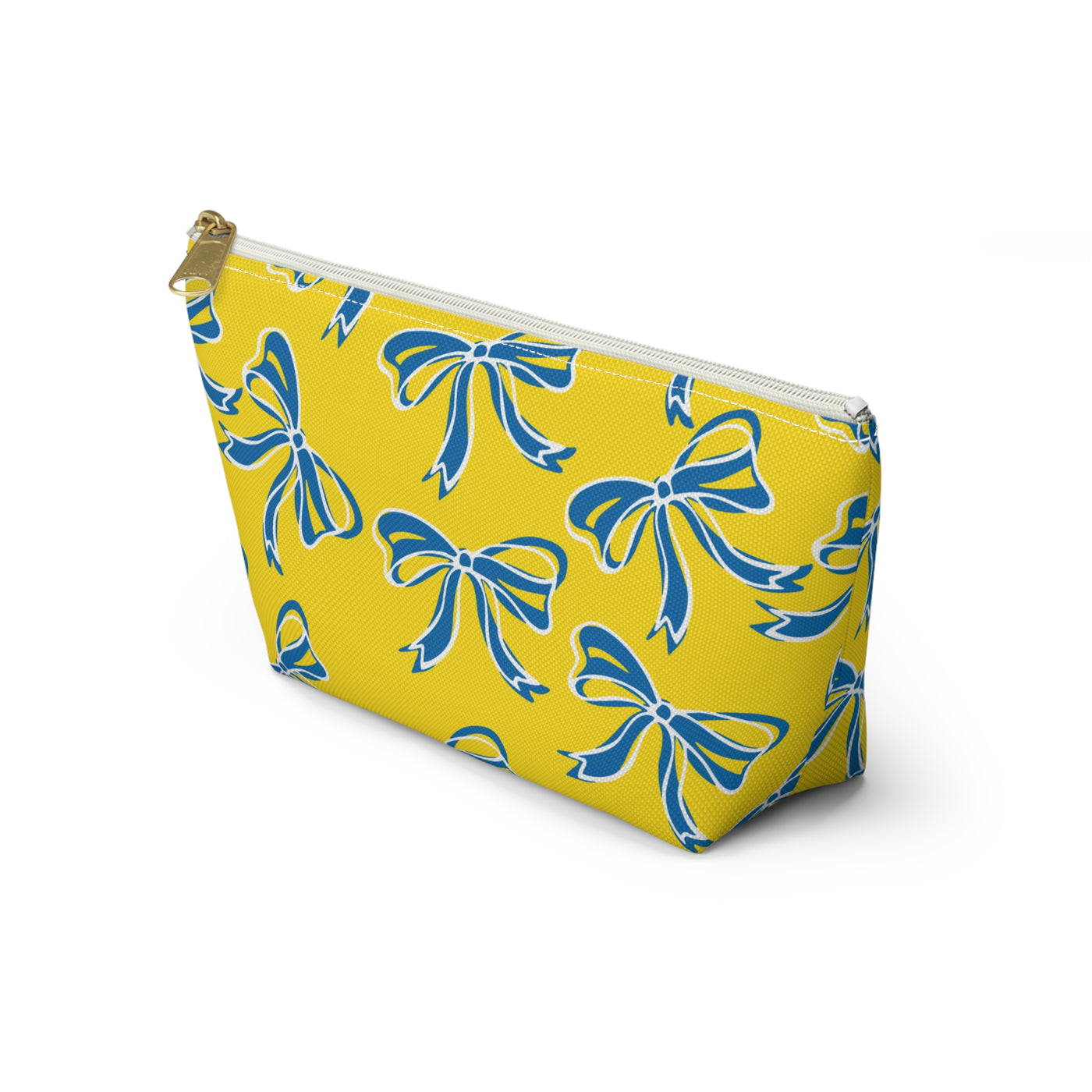 Trendy Bow Makeup Bag - Graduation Gift, Bed Party Gift, Acceptance Gift, College Gift, Delaware, Blue and Yellow, Blue Hens