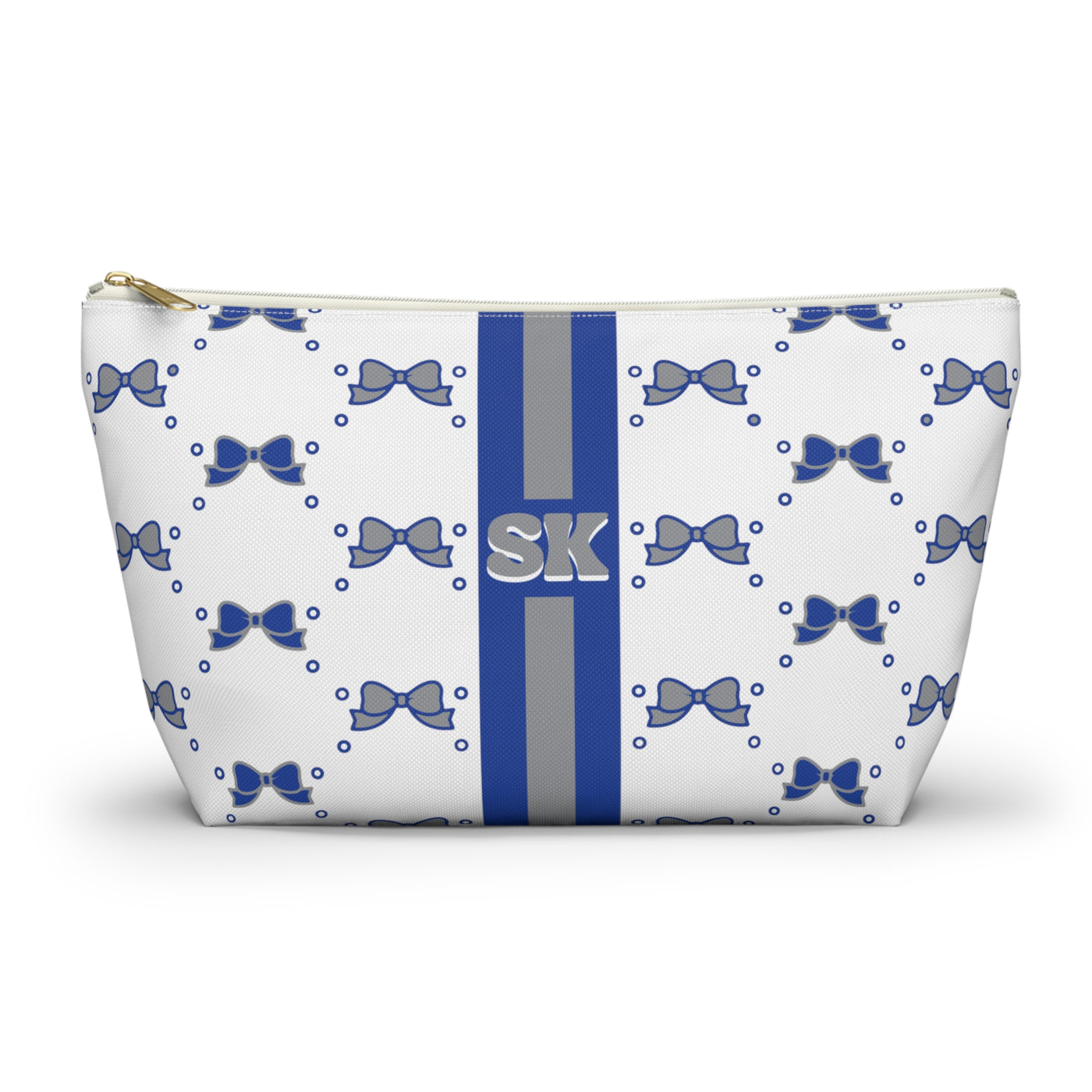 Custom Initial Personalized Bow Makeup Bag - Custom Initial, Makeup Bag, Blue and Grey, Buffalo Bulls, Personalized, Bow Aesthetic