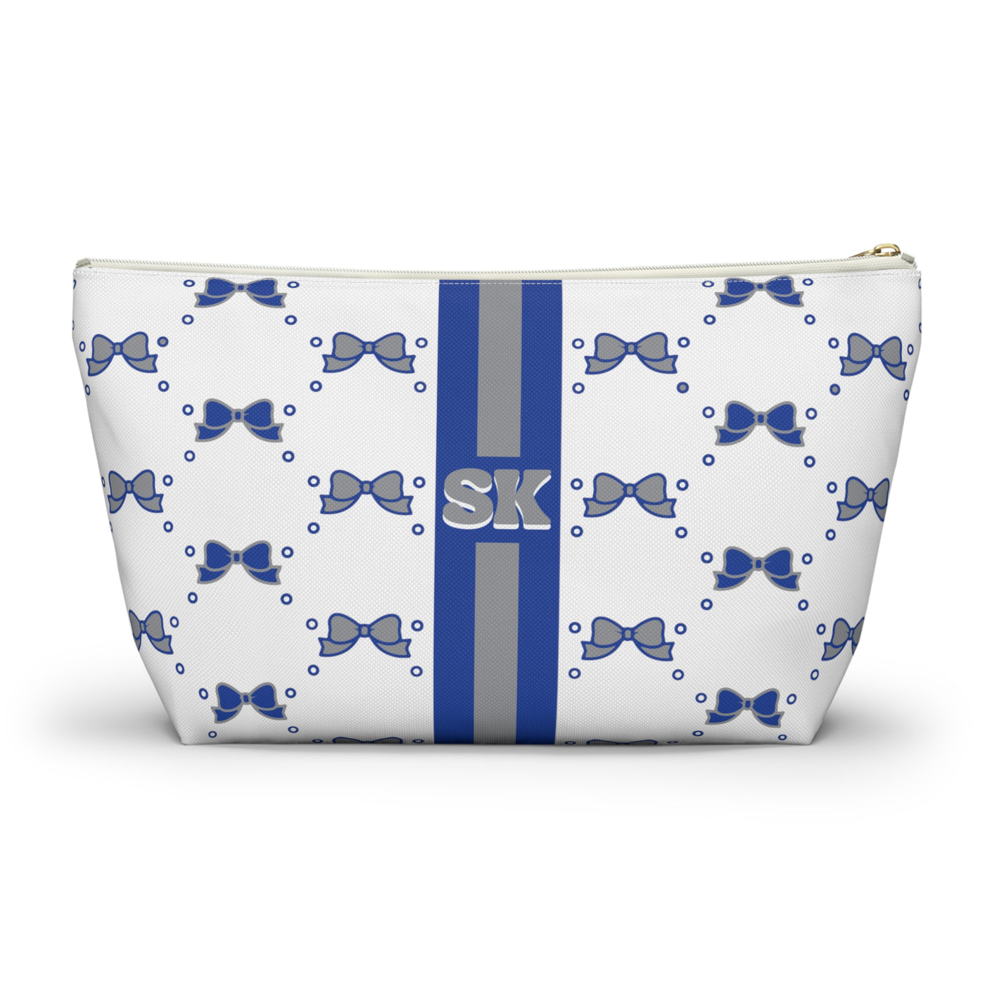 Custom Initial Personalized Bow Makeup Bag - Custom Initial, Makeup Bag, Blue and Grey, Buffalo Bulls, Personalized, Bow Aesthetic