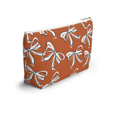 Trendy Bow Makeup Bag - Graduation Gift, Bed Party Gift, Acceptance Gift, College Gift, Texas, Burnt Orange and White