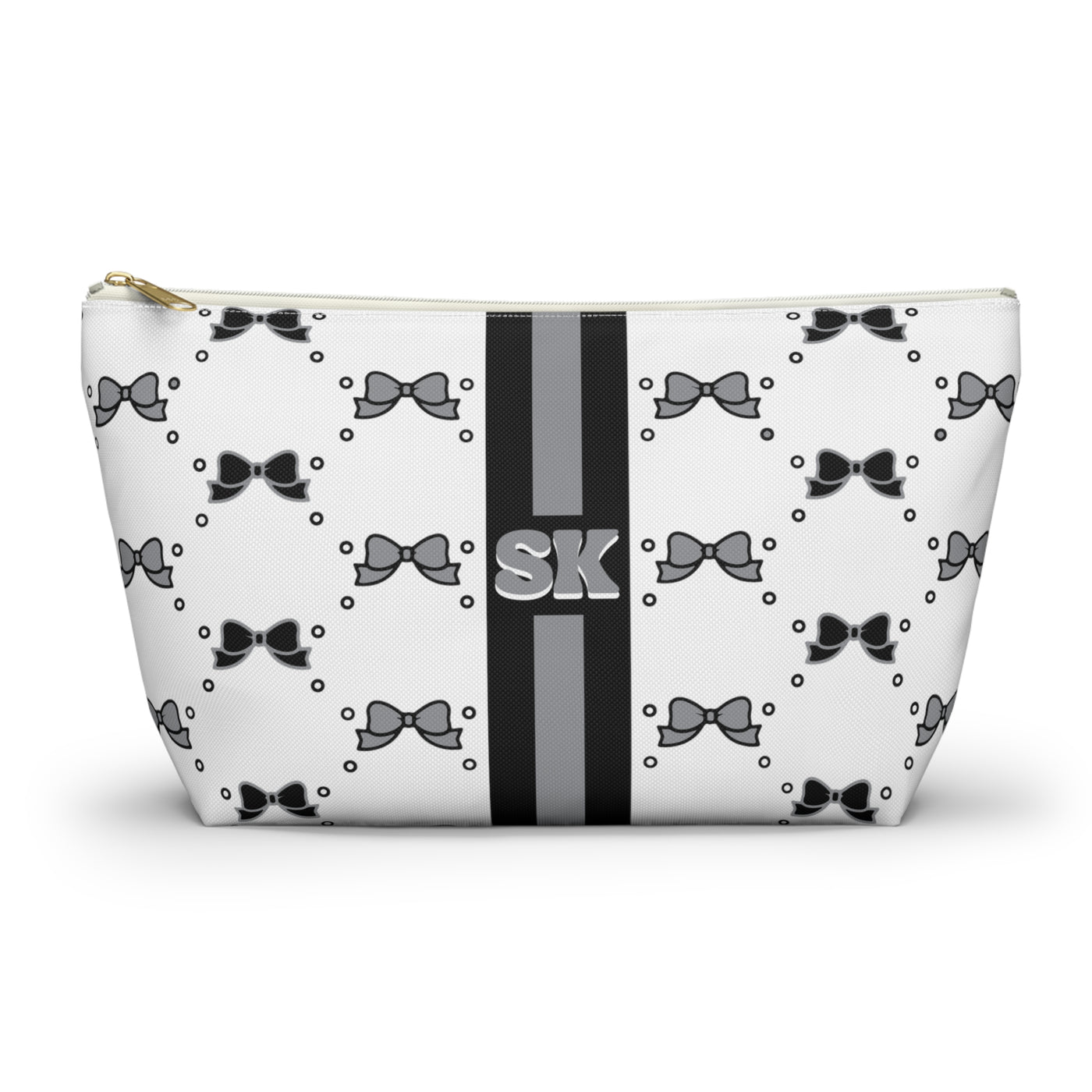 Custom Initial Personalized Bow Makeup Bag - Custom Initial, Makeup Bag, Black and White, Black and Grey, Personalized, Bow Aesthetic