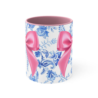 11oz Blue Toile and Pink Bow Coffee Mug