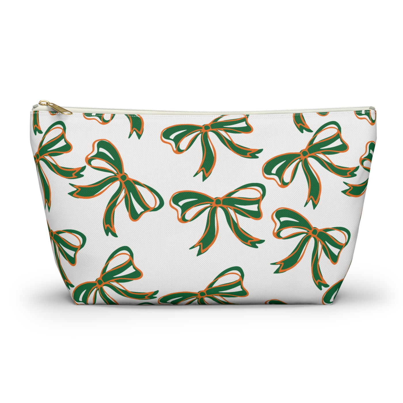 Trendy Bow Makeup Bag - Graduation Gift, Bed Party Gift, Acceptance Gift, College Gift, Miami Hurricanes, 305, orange and green