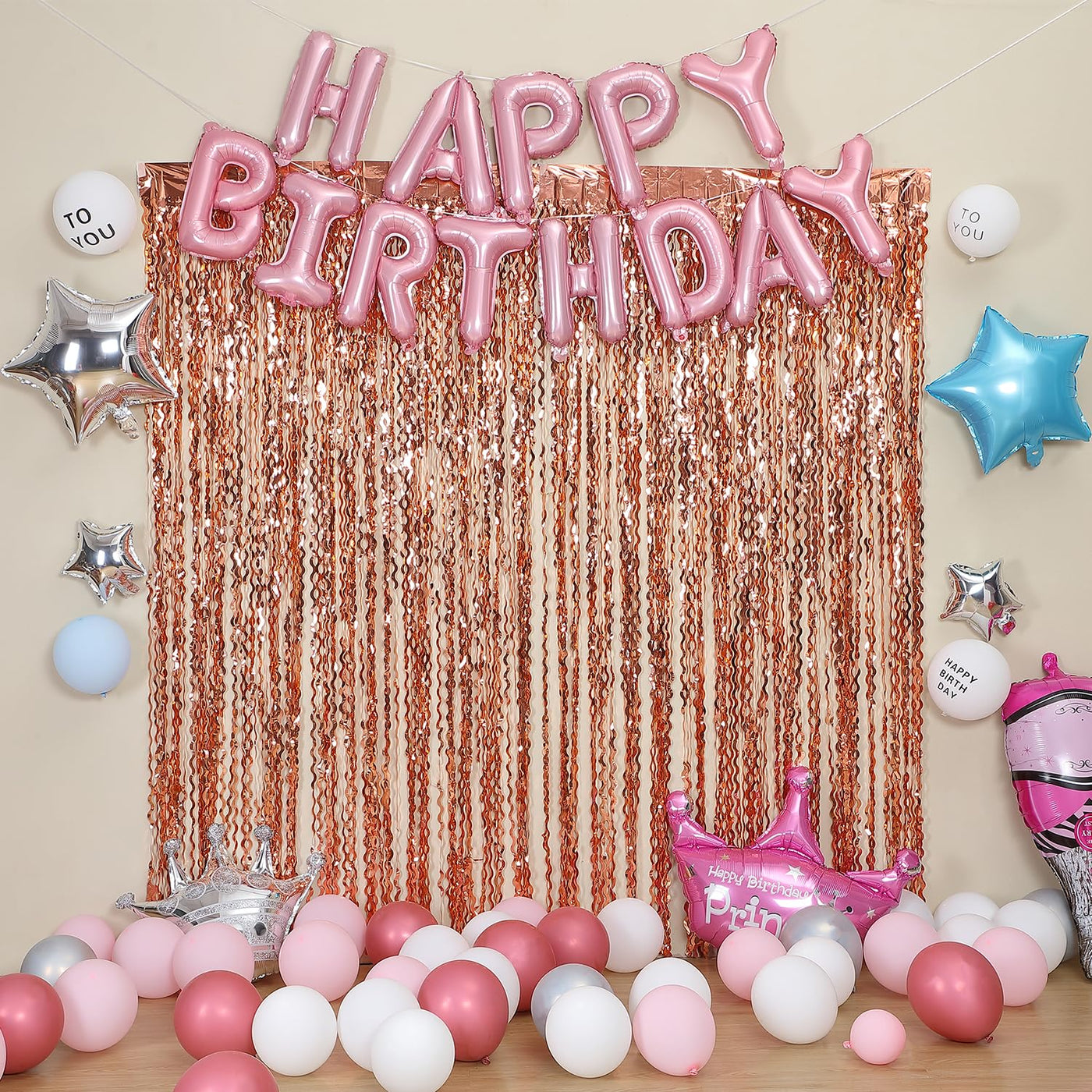 Wavy Rose Gold Fringe Curtain - 3.3 ft x 6.6 Feet, Pack of 3 | Rose Gold Party Decorations,Rose Gold Streamers,Rose Gold Tinsel Streamers for Birthday Backdrop