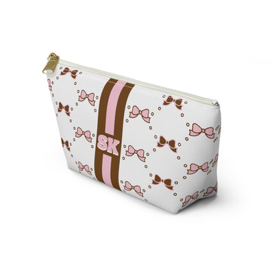 Custom Initial Personalized Bow Makeup Bag - Custom Initial, Makeup Bag, Brown and Pink, Personalized, Bow Aesthetic