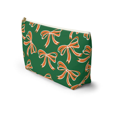 Trendy Bow Makeup Bag - Graduation Gift, Bed Party Gift, Acceptance Gift, College Gift, Miami Hurricanes, 305, orange and green