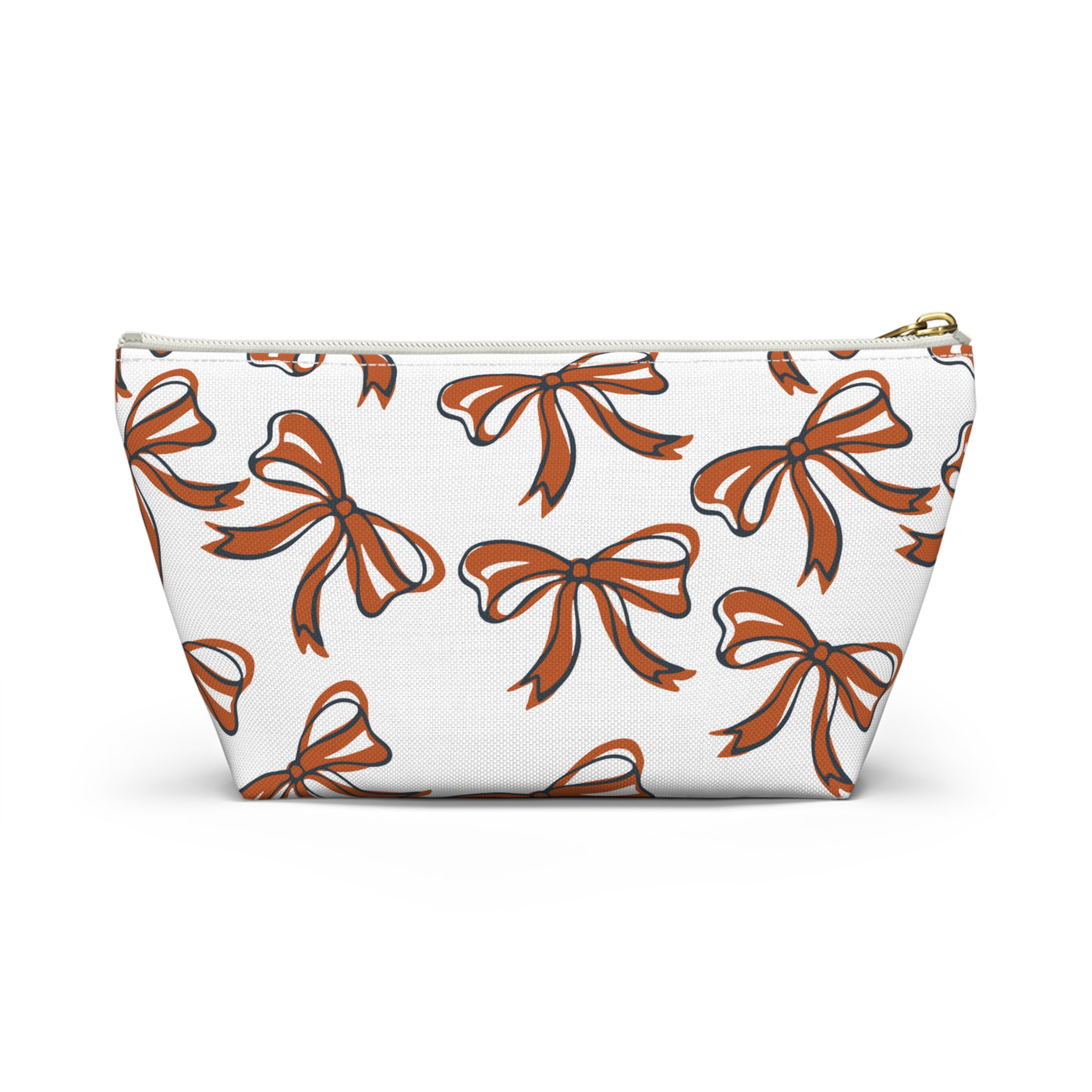 Trendy Bow Makeup Bag - Graduation Gift, Bed Party Gift, Acceptance Gift, College Gift, Texas, Burnt Orange and White