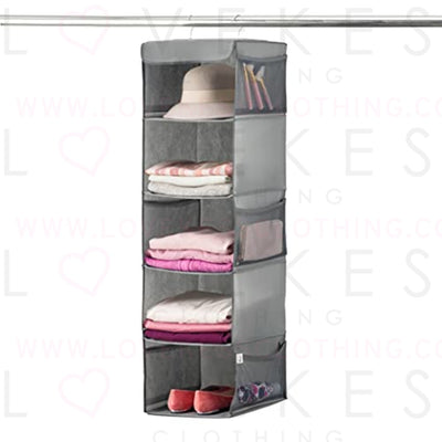 Zober 5 Shelf Hanging Closet Organizer Space Saver, Roomy Breathable Hanging Shelves With (6) Side Accessories Pockets, And 2 Sturdy Hooks, For Clothes Storage, And Shoes, Etc. 12 x 11 ½ x 42 In, Gray