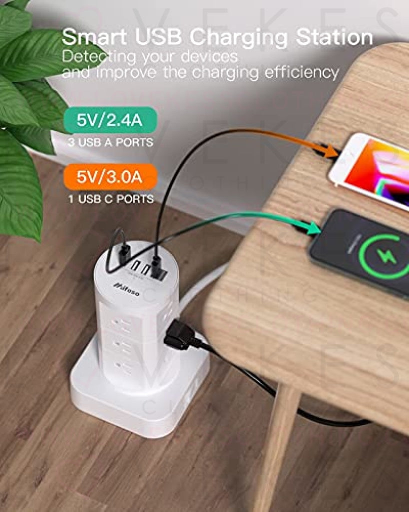 Surge Protector Power Strip Tower - 12 Widely Outlets with 4 USB Ports (1 USB C), 6FT Heavy Duty Extension Cord, Flat Plug, Multi Plug Outlet Extender Overload Protection for Home Office Dorm