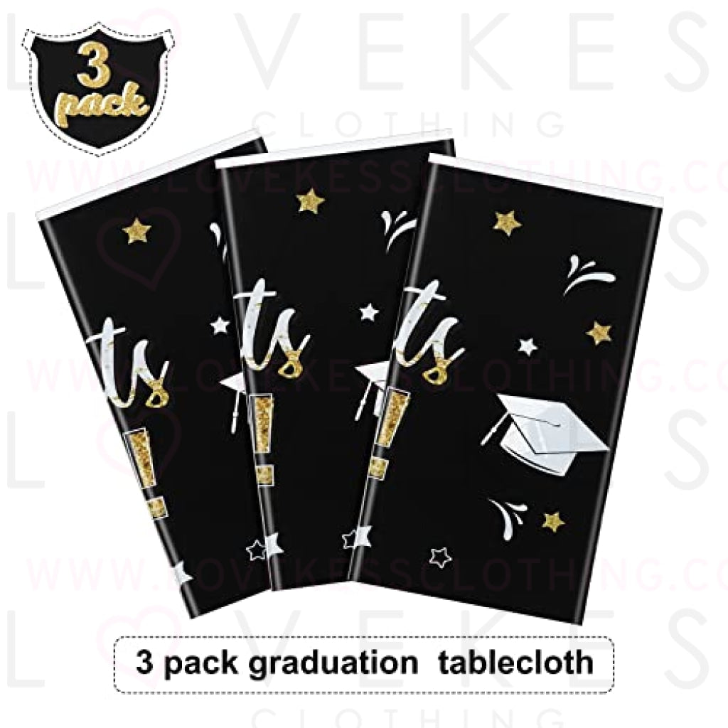 3 Pack Graduation Party Tablecloth Congrats Class of 2022 Graduation Table Covers Grad Cap Table Cloth Rectangle Plastic Tablecloth for Grad Party Decorations and Supplies, 54 x 108 Inch (Black)