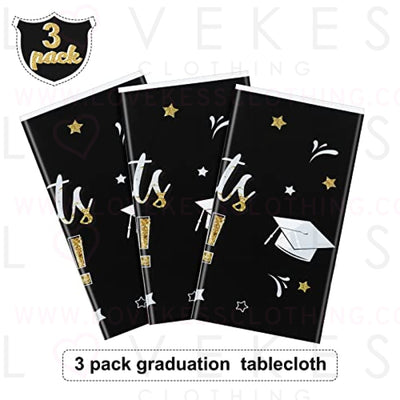 3 Pack Graduation Party Tablecloth Congrats Class of 2022 Graduation Table Covers Grad Cap Table Cloth Rectangle Plastic Tablecloth for Grad Party Decorations and Supplies, 54 x 108 Inch (Black)