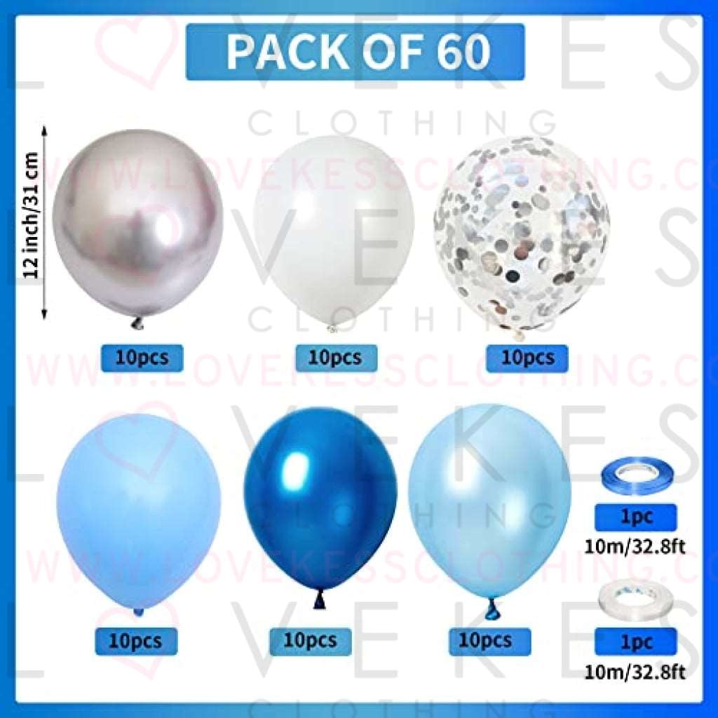 60 Pcs Blue Silver White Balloons, Pearl Royal Light Blue Matte White Chrome Silver Confetti Metallic Latex Balloons for Boys Christening Baby Bridal Shower Blue Wedding Birthday Party Decorations