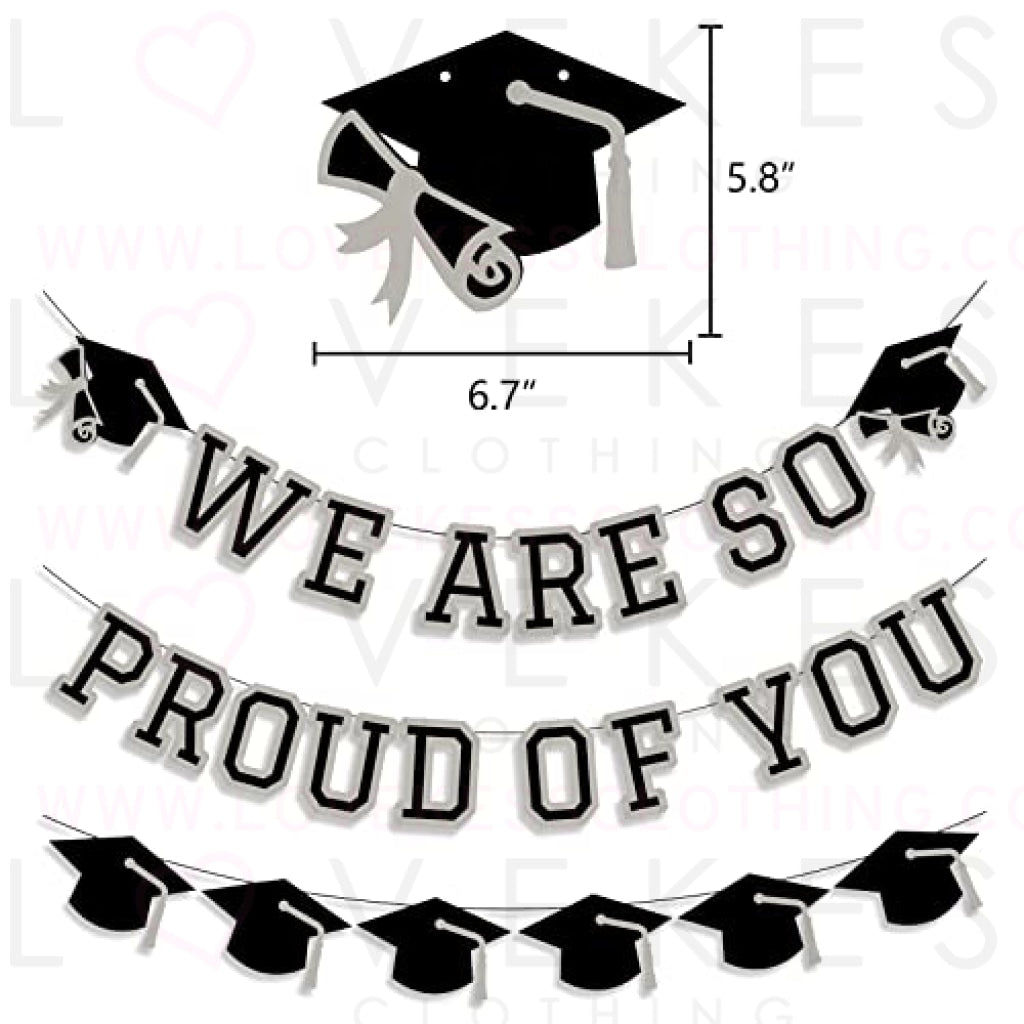 We Are So Proud Of You Banner Graduation Party Decorations Congrats Grad Cap Garlands Wall Sign Silver Grey