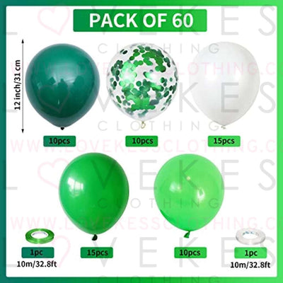 60 Pack Green Latex Balloons, 12 Inch Matte White Dark Emerald Green Light Lime Green Confetti Helium Balloons, Assorted Green White Balloons for Jungle Dinosaur Birthday Baby Shower Party Decorations