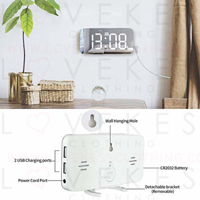 WulaWindy Digital Alarm Clock, Large Mirrored LED Display, with USB Charger, Snooze Function Dim Mode Wall Hanging Beside Desk Clock for Bedroom (White)