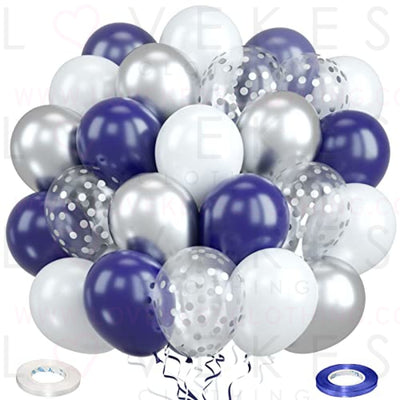 Navy Blue and Silver Balloons, 60Pcs Navy Blue Pearl White Chrome Silver Metallic Latex Balloons with Confetti Helium Balloons for Boys Men Birthday Wedding Baby Shower Fathers Day Party Decorations