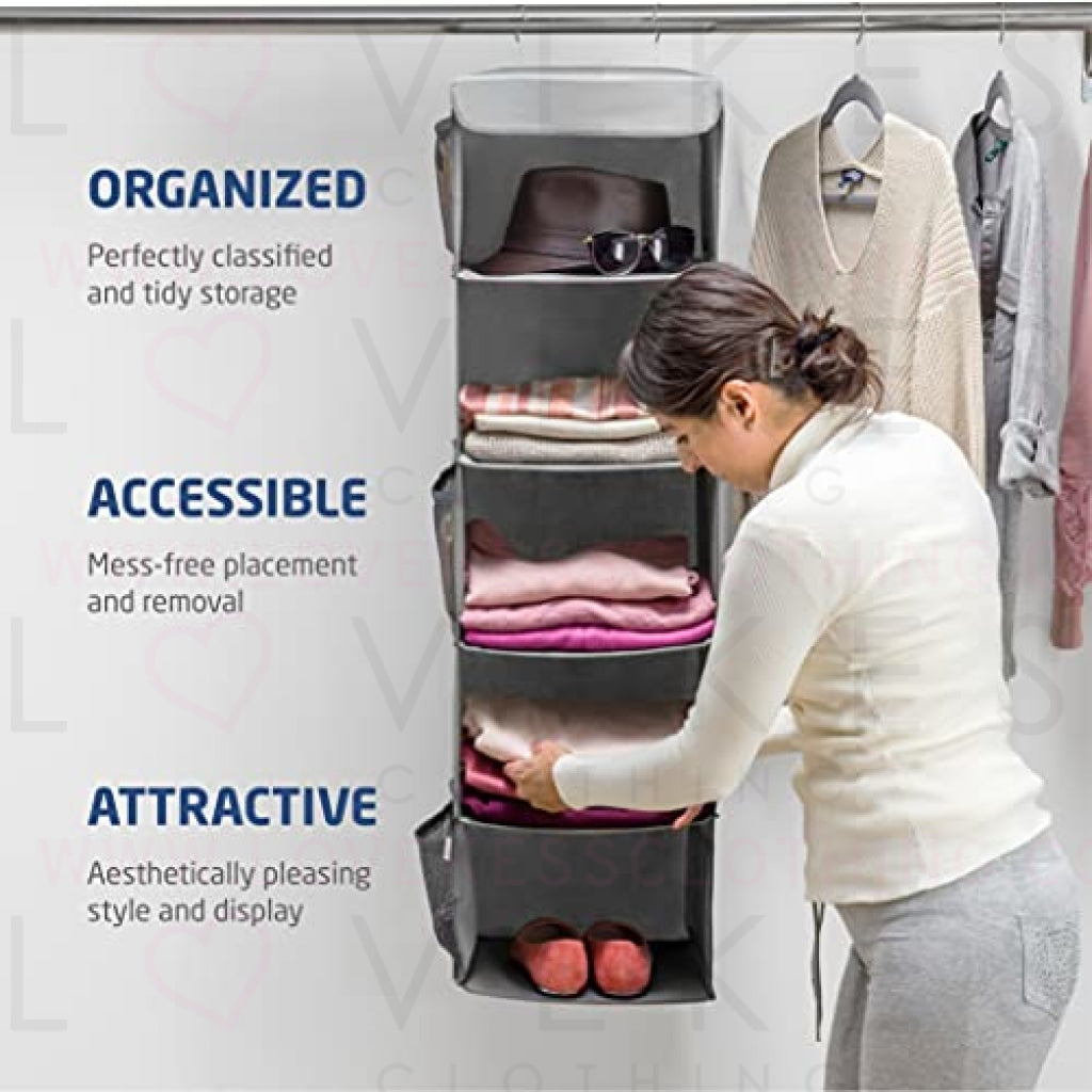 Zober 5 Shelf Hanging Closet Organizer Space Saver, Roomy Breathable Hanging Shelves With (6) Side Accessories Pockets, And 2 Sturdy Hooks, For Clothes Storage, And Shoes, Etc. 12 x 11 ½ x 42 In, Gray