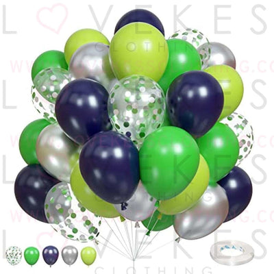 Balloons Green and Blue, 60 Pcs Navy Blue Matte Light Green Silver Latex Party Balloons with Green Silver Confetti Balloons for Birthday Party Decoration Football Video Game Jungle Safari Themed Party