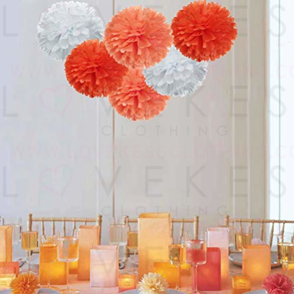 Paper Flower Tissue Pom Poms Fall Autumn Thank’s Giving Day Party Supplies(vermillion,orange,white,12pc)