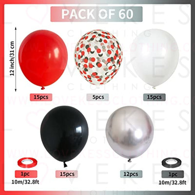 Red Black and White balloons, 60 Pieces Matte Black Red White Chrome Silver Metallic Helium Party Balloons with Confetti Latex Balloon for Boys Birthday Baby Shower Graduation Casino Party Decorations