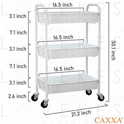 CAXXA 3-Tier Rolling Metal Storage Organizer - Mobile Utility Cart Kitchen Cart with Caster Wheels, White